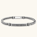 Front view of the antique silver plated eco-brass foxtail chain bracelet with Greek key engraved bar.
