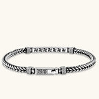 Additional angle of the antique silver plated eco-brass foxtail chain bracelet with Greek key engraved bar.