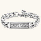 Silver 316L stainless steel curb chain bracelet with black Greek key meander rectangular ID plate, adjustable lobster clasp.