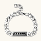 Silver 316L stainless steel curb chain bracelet with black Greek key meander rectangular ID plate, adjustable lobster clasp.