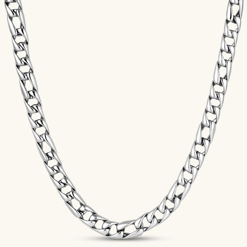 Polished 316L stainless steel Cuban link chain necklace, 9.6mm wide, with Greek key lobster clasp, silver tone.