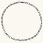 Silver 316L stainless steel rectangular link chain necklace with intricate scroll engravings, 560mm length, 7.1mm width.