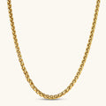18K gold-plated stainless steel wheat chain necklace, 4.2mm wide, with lobster clasp, on off-white background.