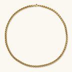 18K gold-plated stainless steel wheat chain necklace, 4.2mm wide, with lobster clasp, on off-white background.