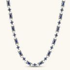 Front view of the oxidized silver stainless steel gothic-baroque chain necklace with navy CZ stones.