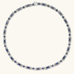 Alternate angle of the oxidized silver stainless steel gothic-baroque chain necklace with navy CZ stones.