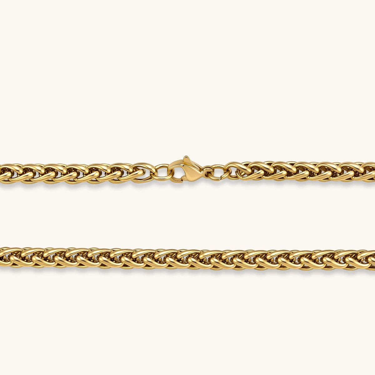 Additional angle of the 18K gold-plated stainless steel wheat chain necklace.