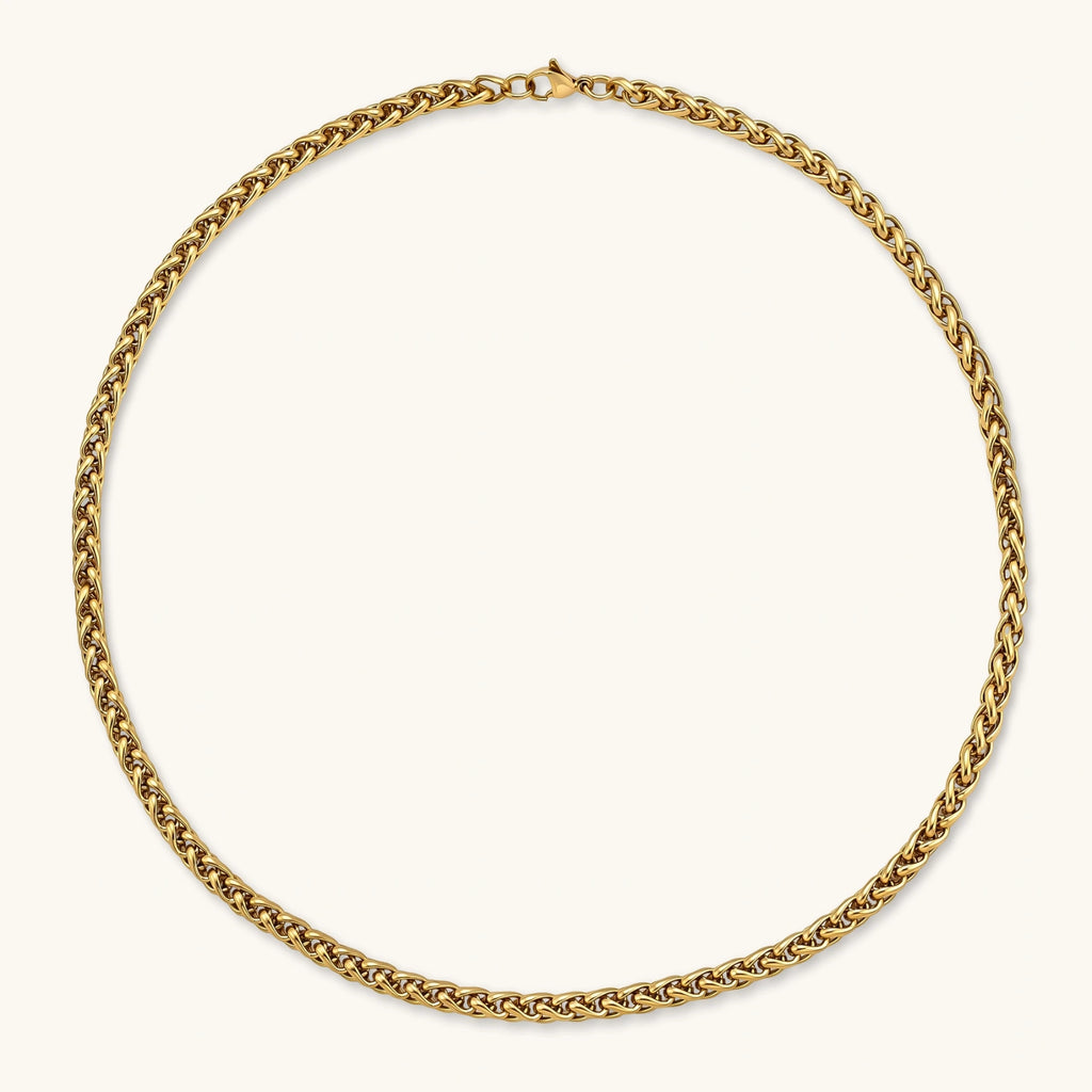 Alternate angle of the 18K gold-plated stainless steel wheat chain necklace.