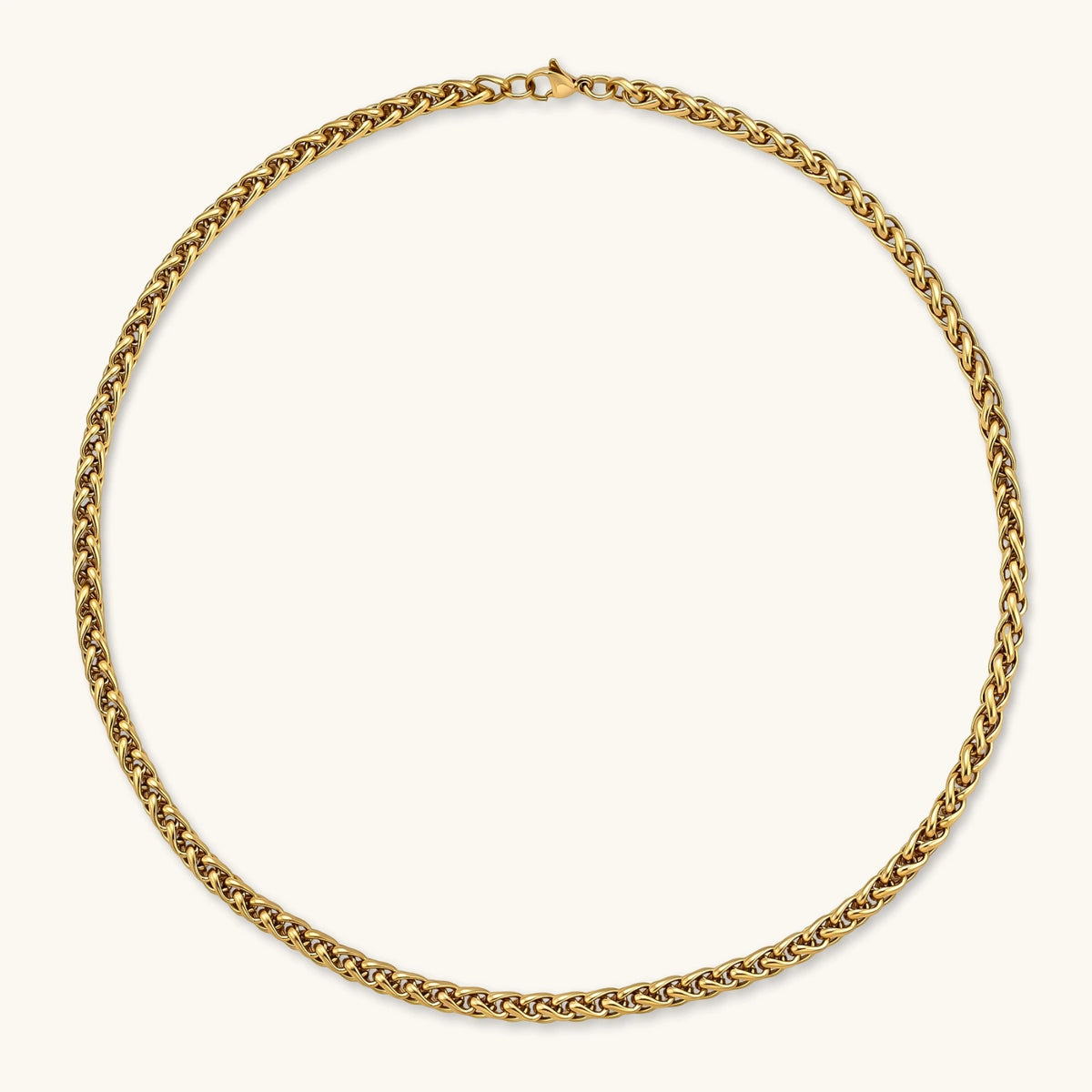Alternate angle of the 18K gold-plated stainless steel wheat chain necklace.