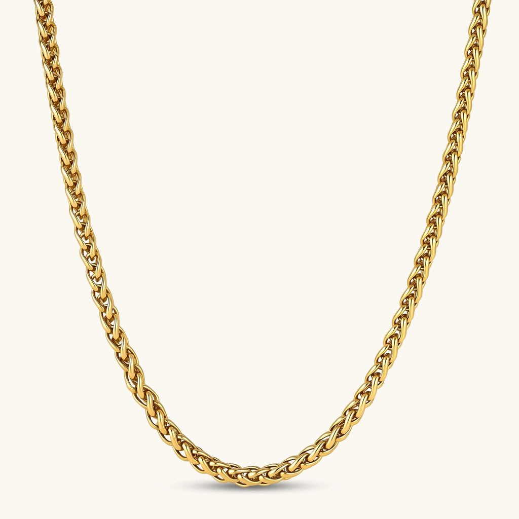 Front view of the 18K gold-plated stainless steel wheat chain necklace.