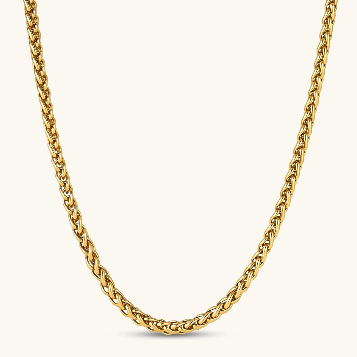 Front view of the 18K gold-plated stainless steel wheat chain necklace.