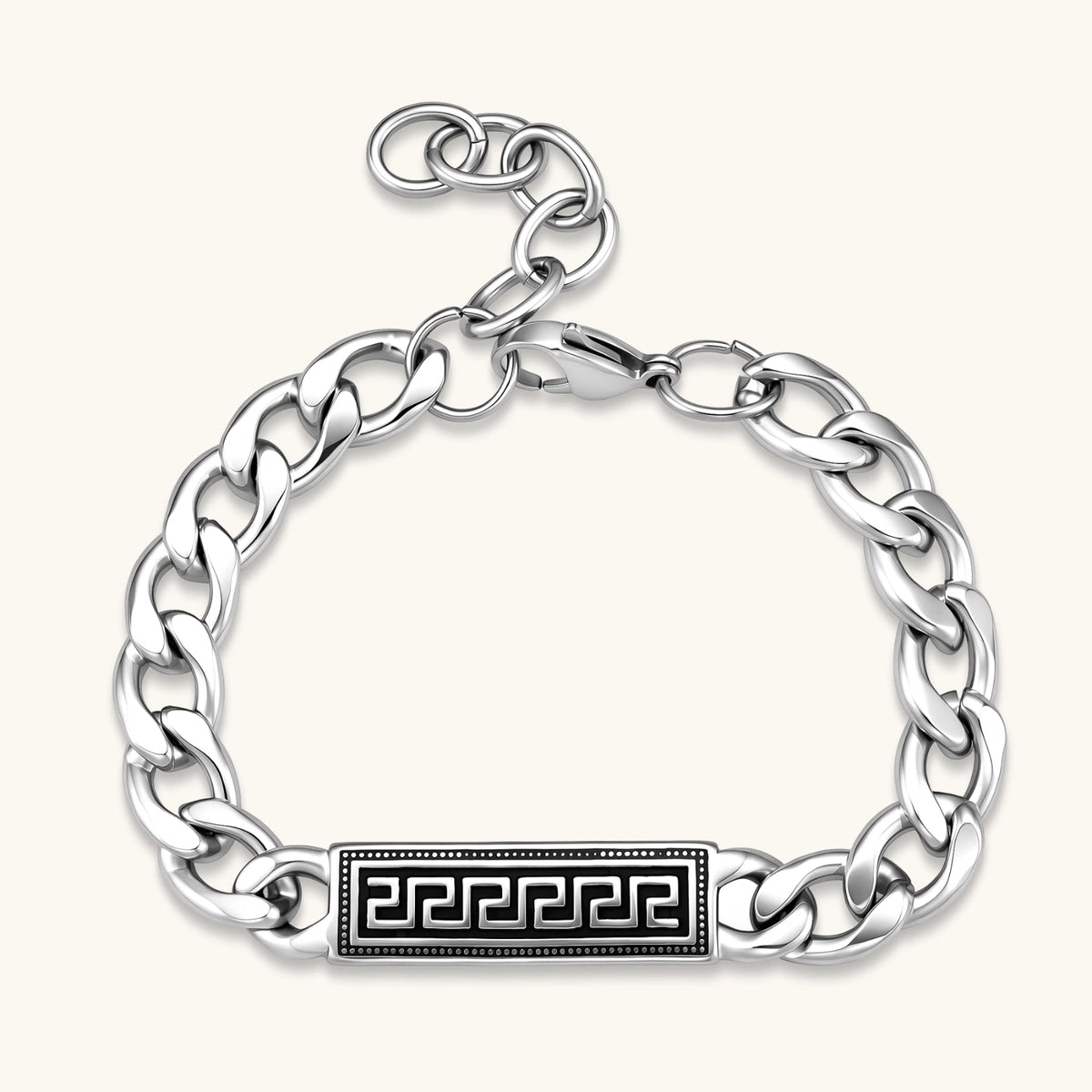 Alternate angle of the stainless steel curb chain ID bracelet with Greek key meander plate.