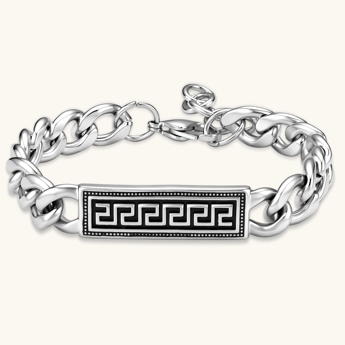 Front view of the stainless steel curb chain ID bracelet with Greek key meander plate.
