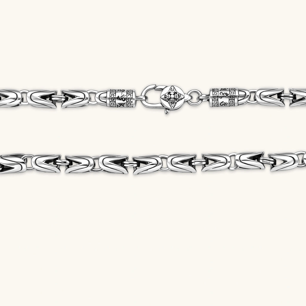 Close-up of the antique silver Byzantine chain necklace.
