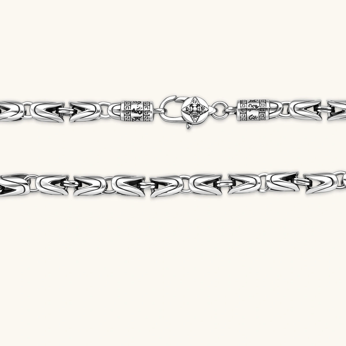 Close-up of the antique silver Byzantine chain necklace.
