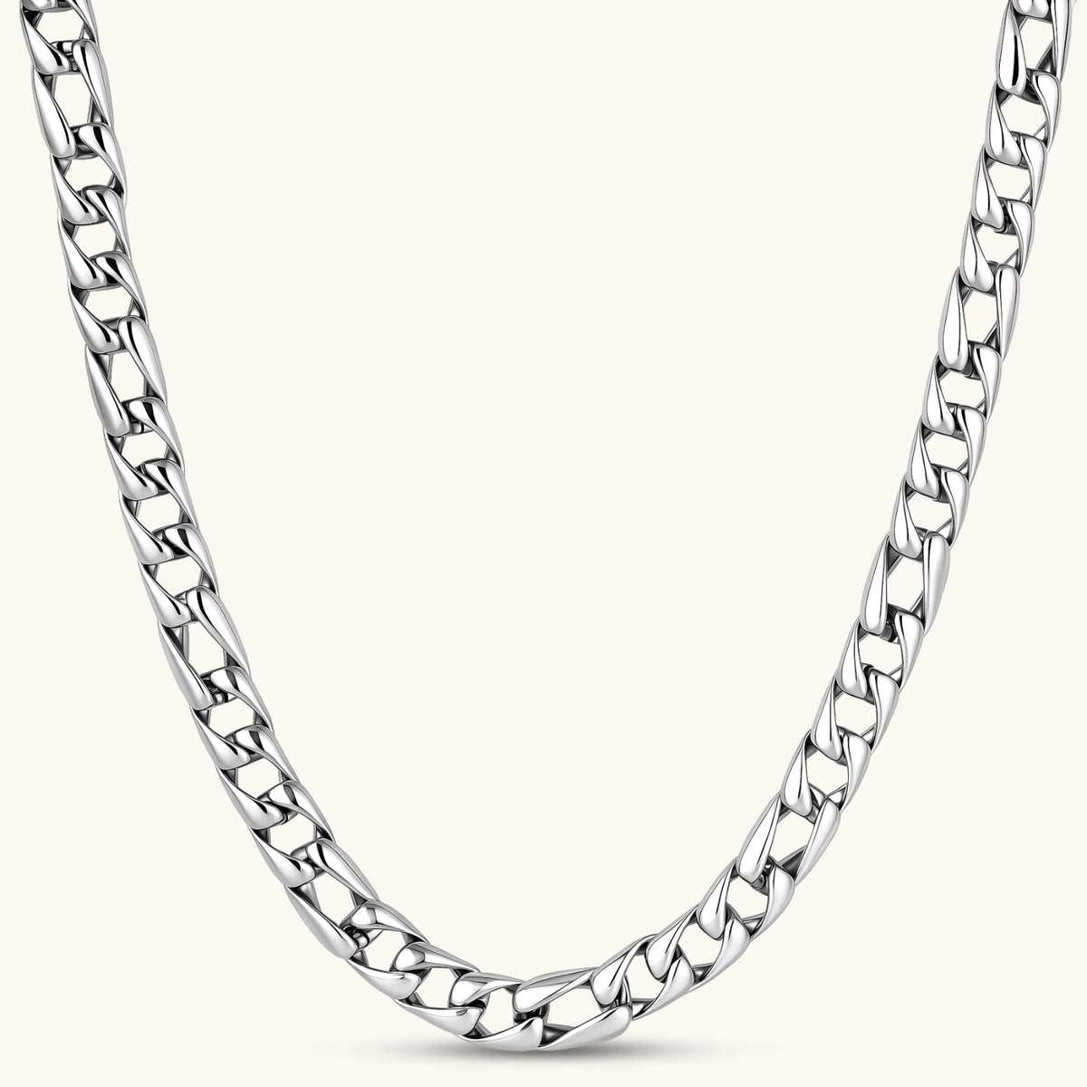 Front view of the antique silver plated eco-brass Cuban link chain necklace.