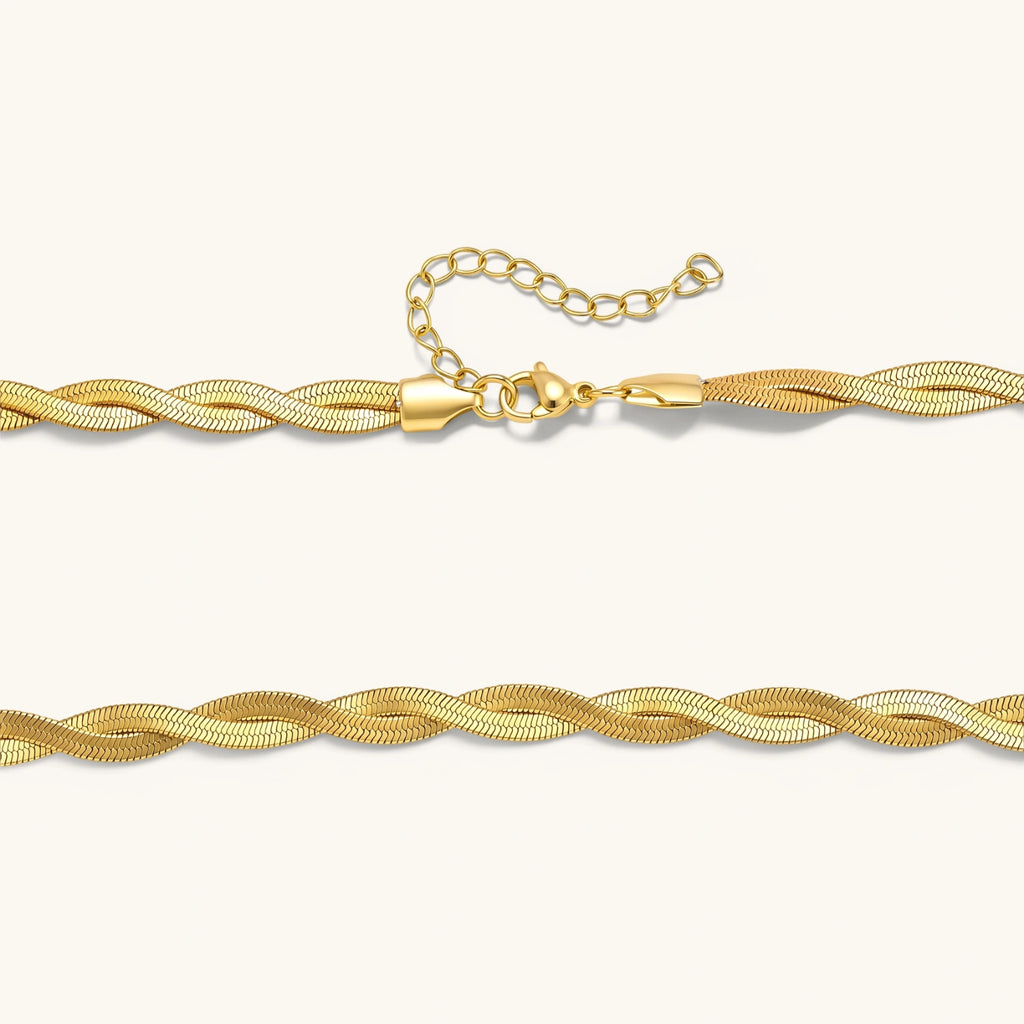 Additional angle of the 18K gold-plated twisted double herringbone chain necklace.