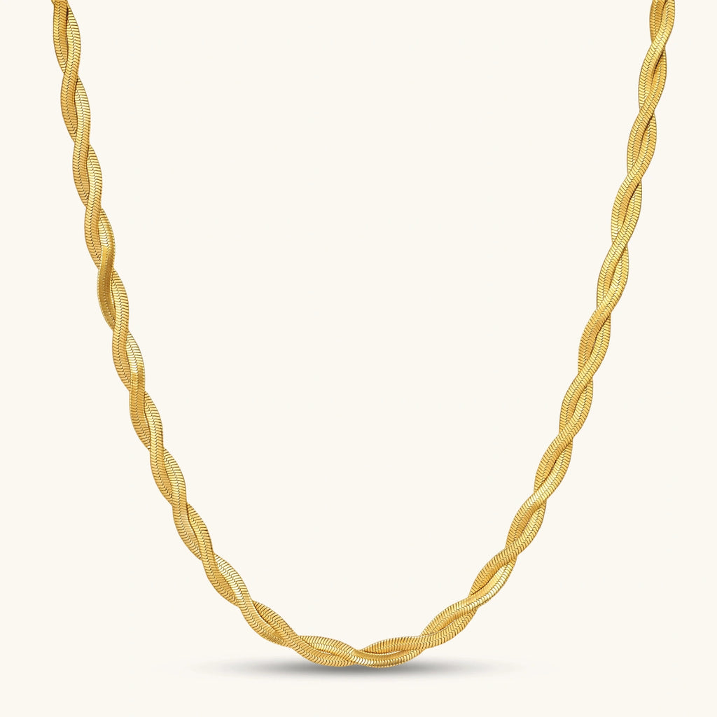 Front view of the 18K gold-plated twisted double herringbone chain necklace.