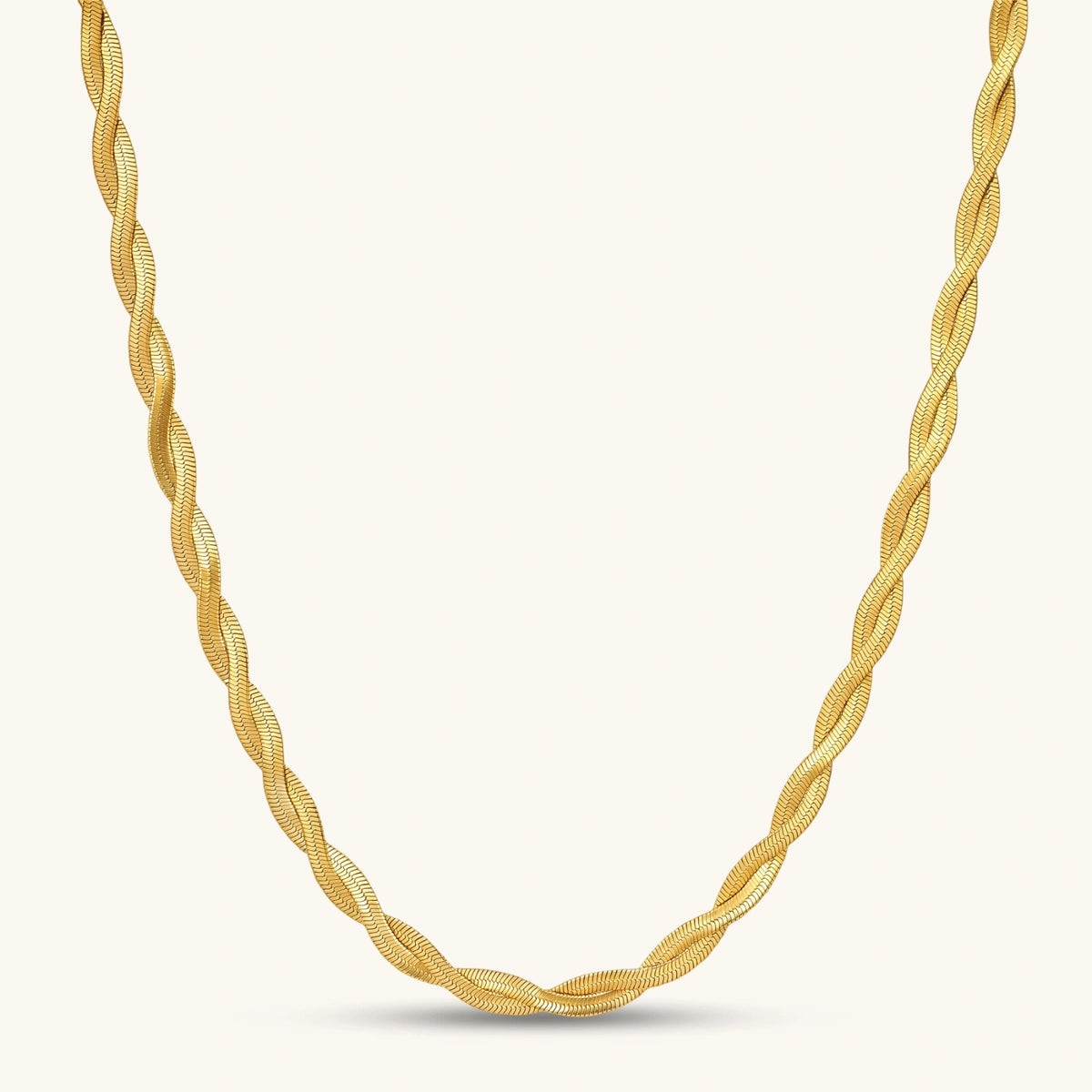 Front view of the 18K gold-plated twisted double herringbone chain necklace.