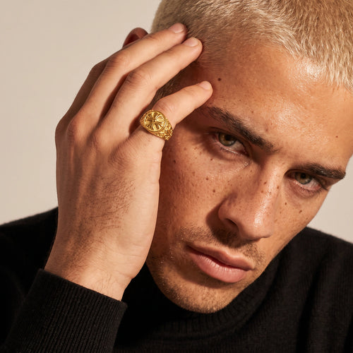 Detail view of the 18K gold-plated stainless steel signet ring with ornate cross face and filigree scroll band.