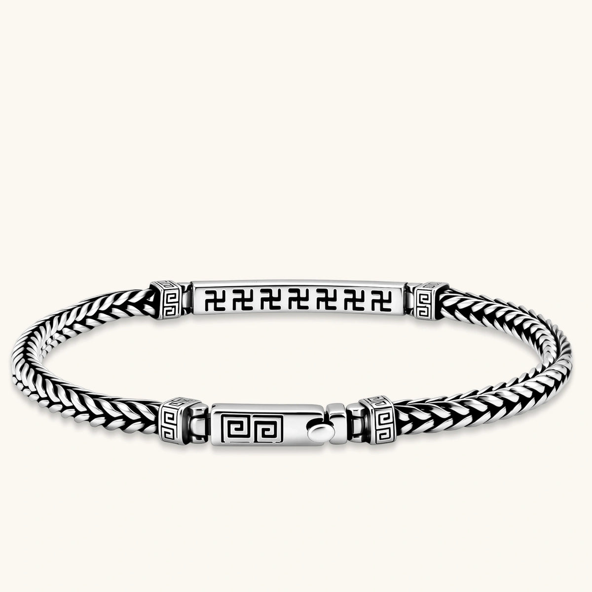 Additional angle of the antique silver plated eco-brass foxtail chain bracelet with Greek key engraved bar.