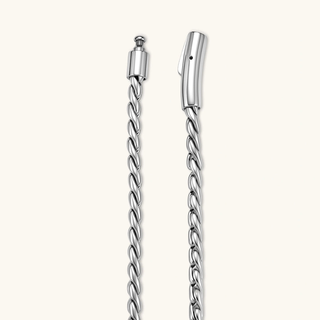 Additional angle of the stainless steel twisted rope chain necklace.