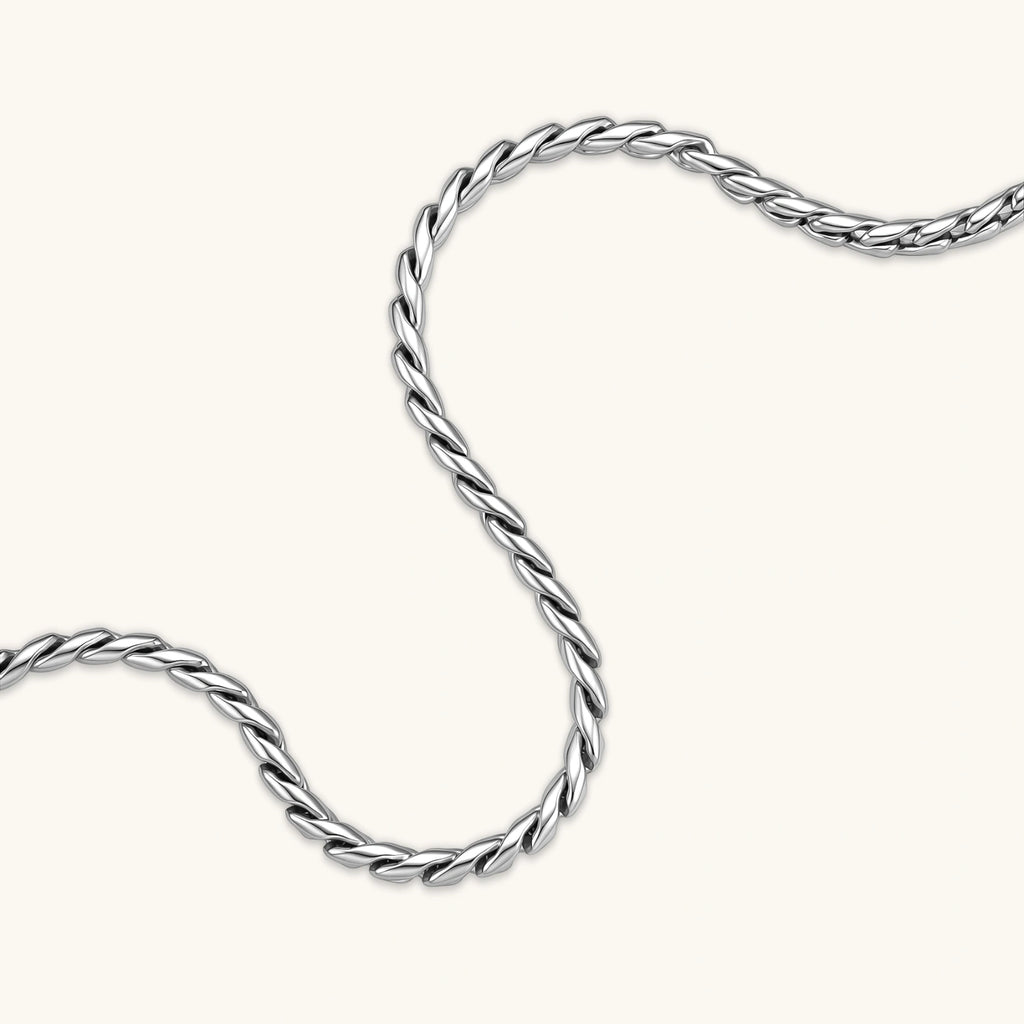 Close-up of the stainless steel twisted rope chain necklace.