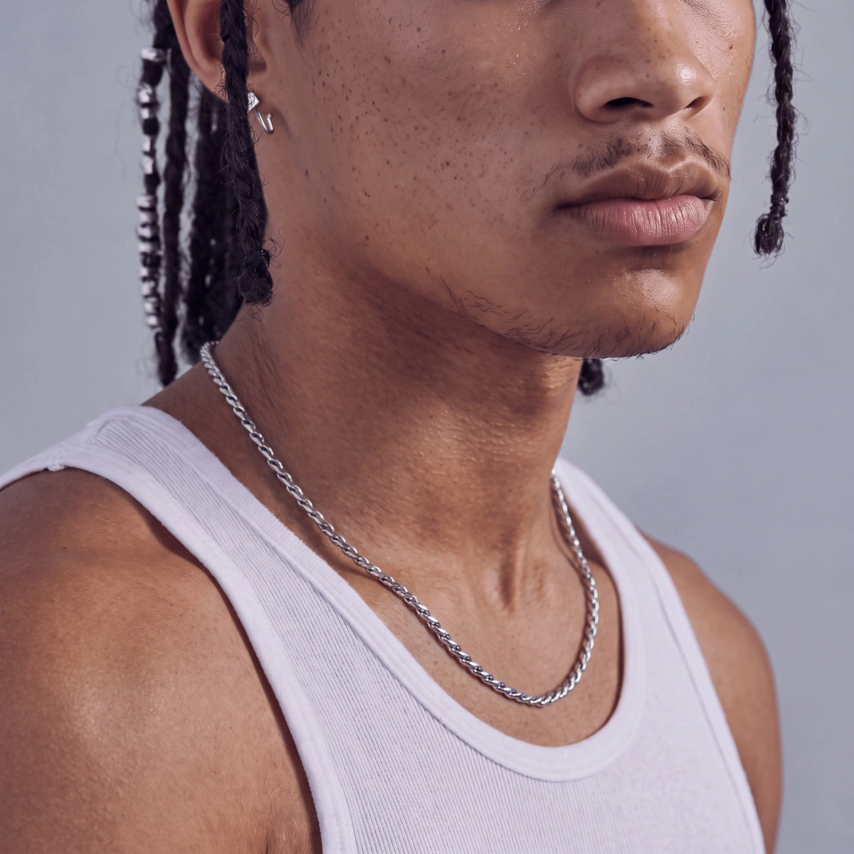 Detail view of the stainless steel twisted rope chain necklace.